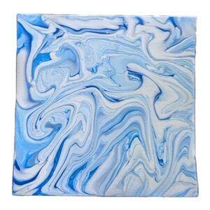 Abstract Fluid Pour Painting 6 x 6 Canvas Board Home Decor Wall Art White Blue